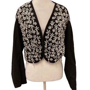 Vintage Cinémode Jou Jou Black Cotton Beaded Pearl Sequin Cropped Jacket L